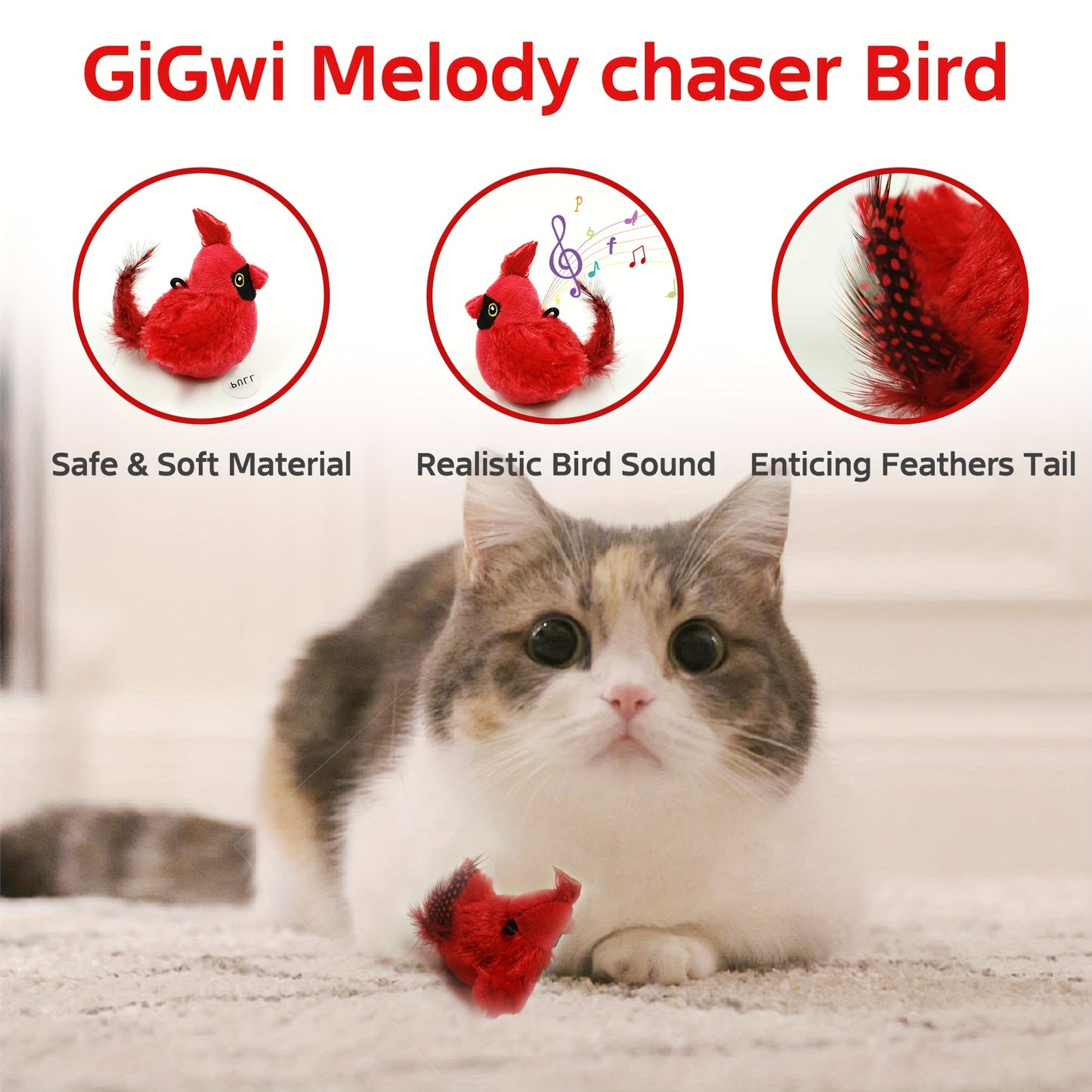 Sparrow-shaped fabric pet toy with animal print, battery-operated. Safe button battery for interactive play with cats of all sizes.