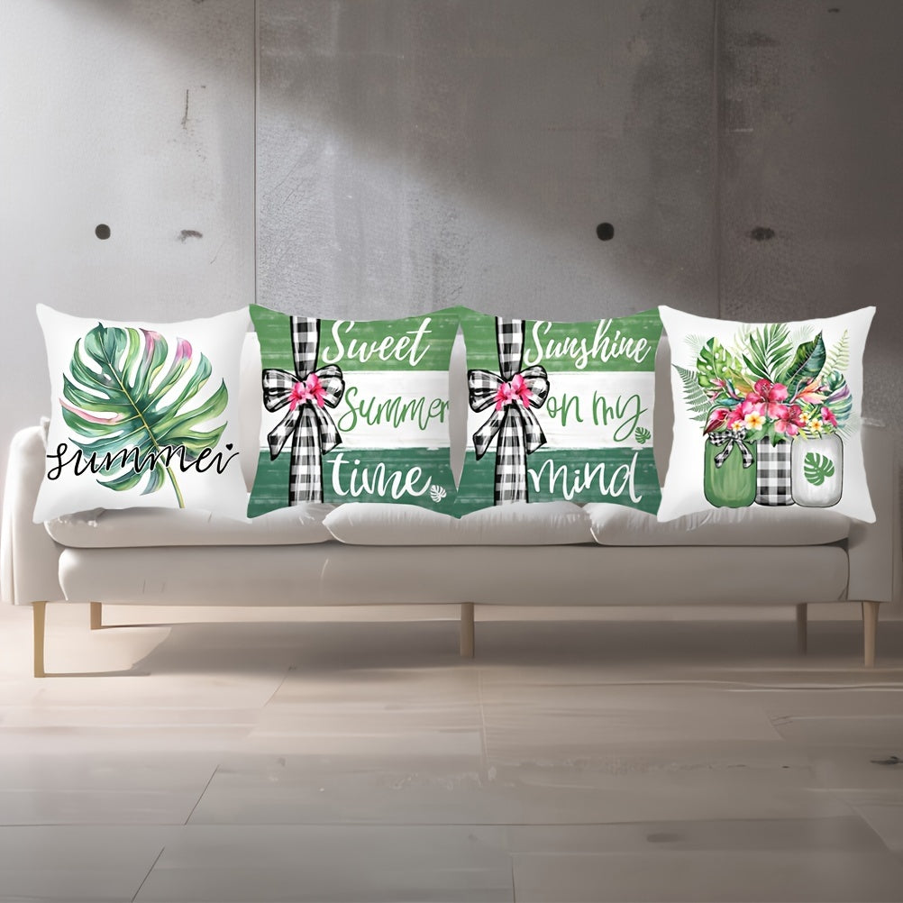 Brighten up your space with the "Sunshine on My Mind" Green Leaves Throw Pillow Cover. Measuring 43.99cm square, this pillow cover is made of stain-resistant polyester and features a hidden zip closure for easy removal and cleaning. Perfect for adding a