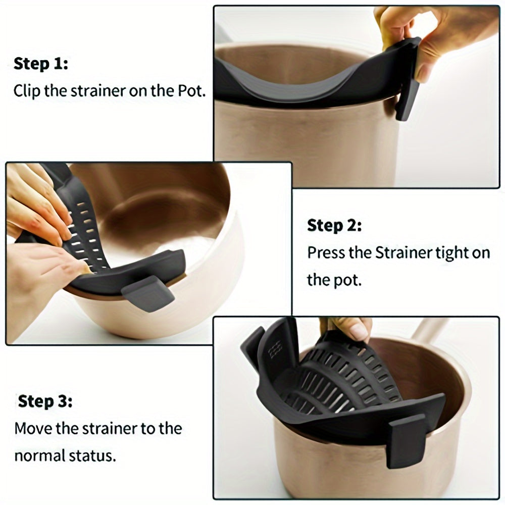 Silicone Strainer Clip for Pots and Pans - a versatile tool for straining pasta, meat, vegetables, and fruits in the kitchen. Ideal for use as a clip-on food strainer or silicone colander.