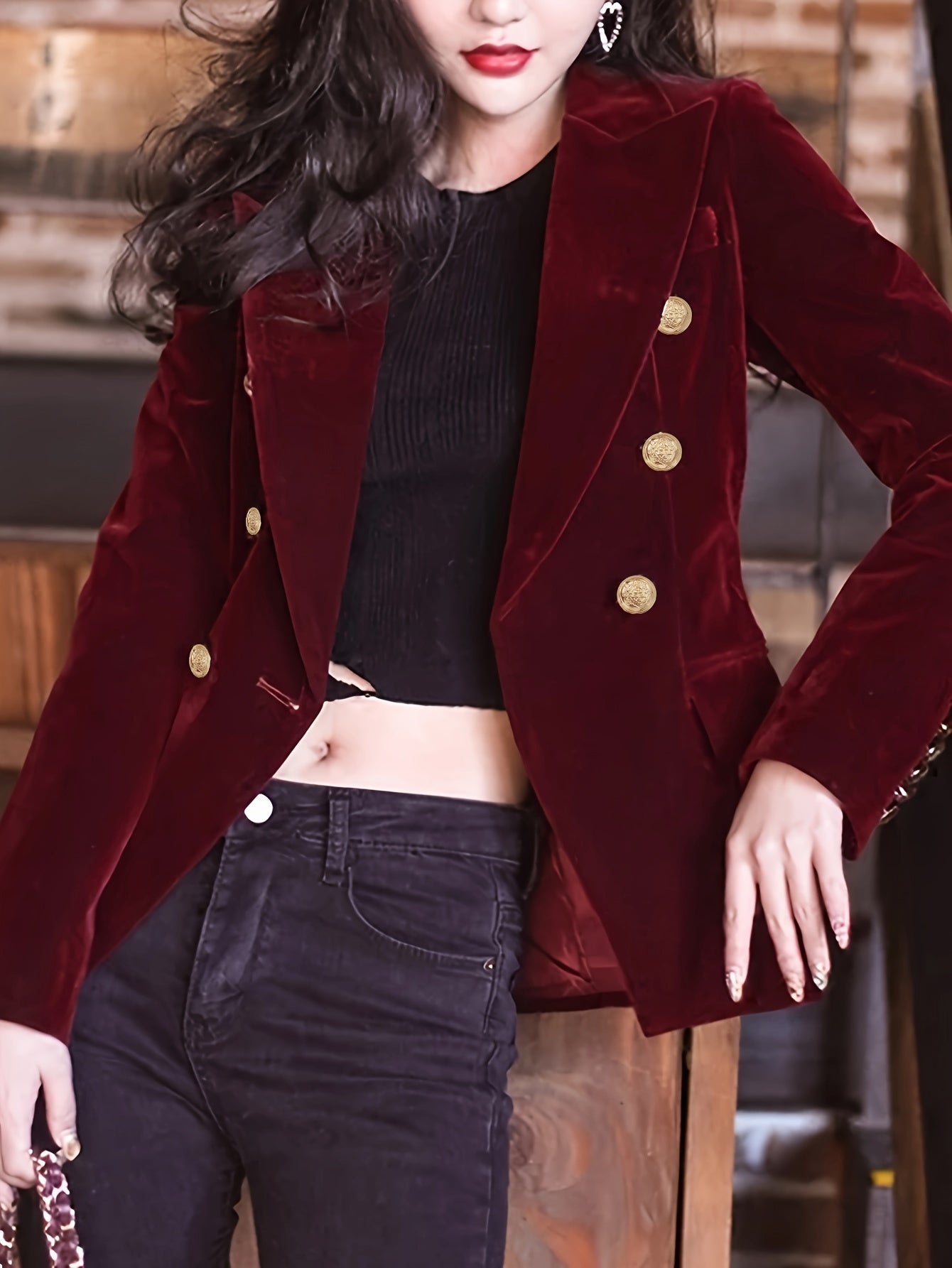 Elegant velvet pea coat for women with double-breasted design, button detail, and long sleeves in solid color.