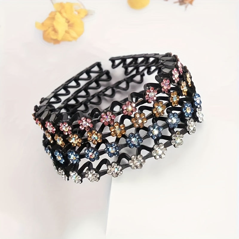 Vintage style 4-pack of rhinestone flower hair clips made of plastic for dressing up and styling hair.