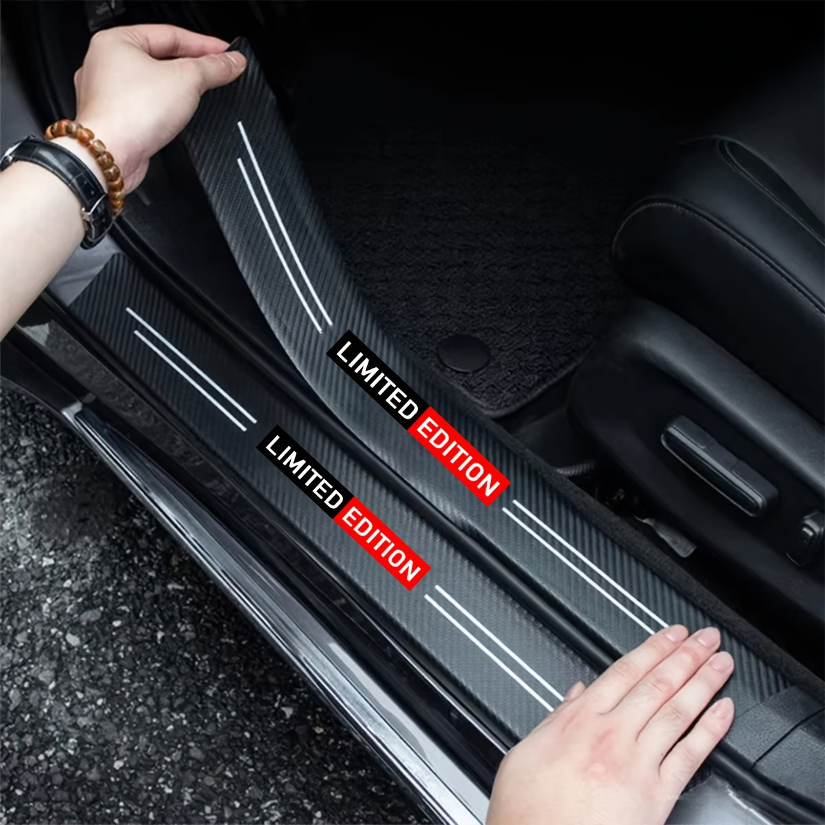 Carbon fiber protective stickers for car doors and trunk sills, suitable for multiple car brands.