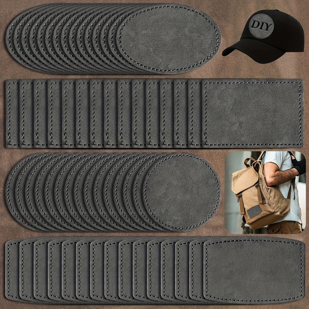 60 pieces of blank leather hat patches with adhesive, laser leatherette material in brown. These faux leather patches are perfect for hats, jackets, and backpacks. They come in multiple shapes and mixed styles, including round, oval, rectangle, and