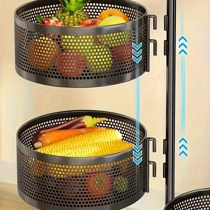 5-tier rotating vegetable storage rack with metal shelves and casters.