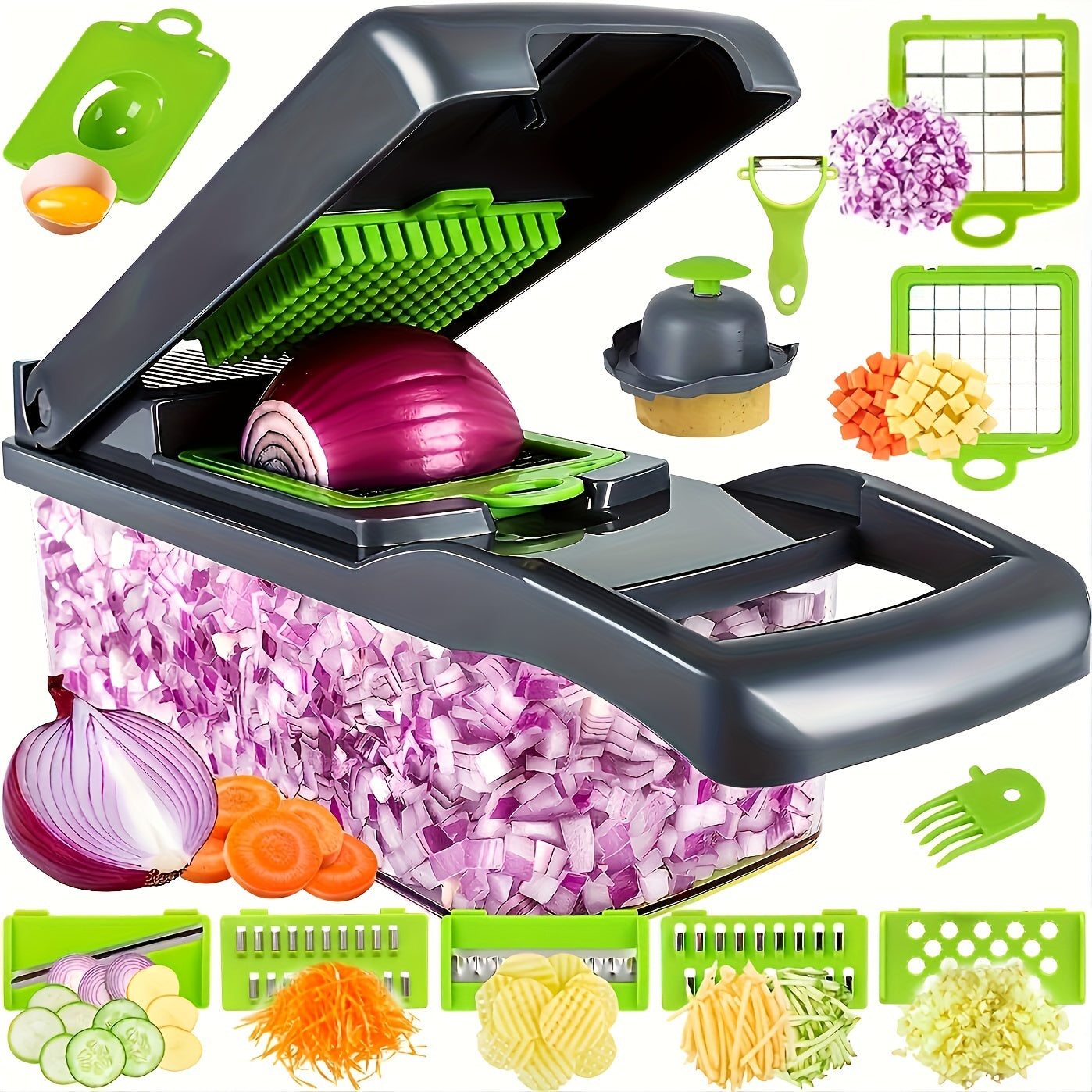 Set of 16 pieces includes a versatile vegetable chopper and fruit slicer with interchangeable blades, along with a convenient container for storage. Perfect for mincing onions, shredding potatoes, and slicing veggies. Essential kitchen accessory for all