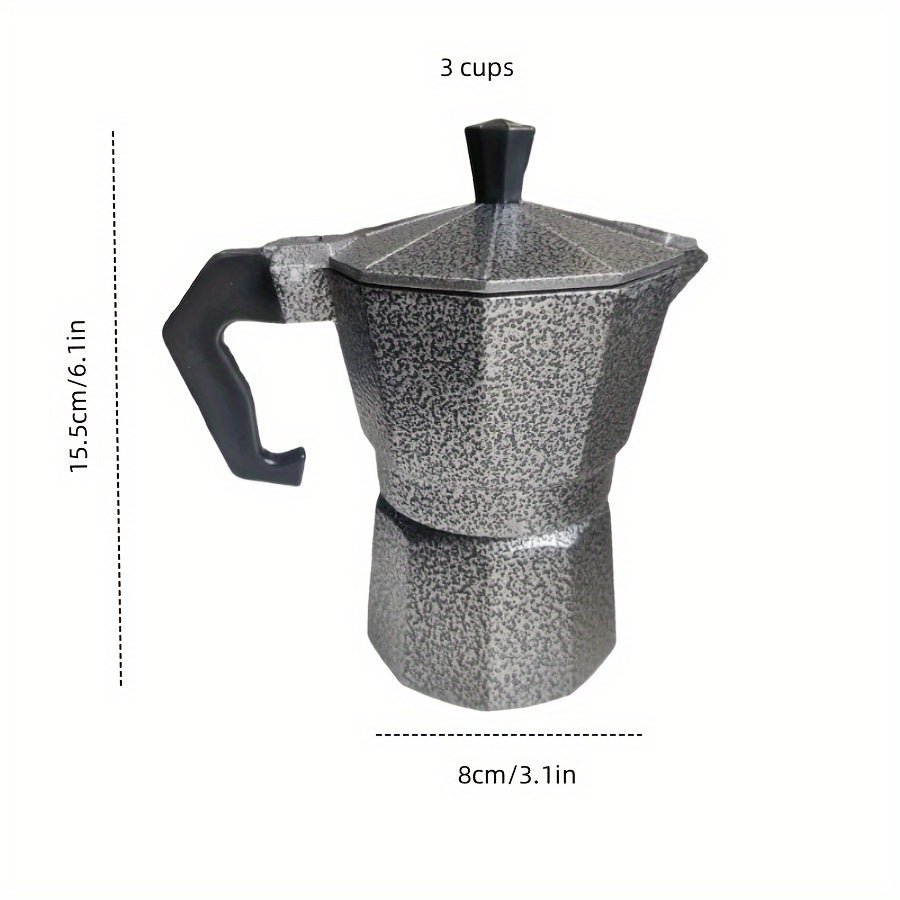 An array of Middle Eastern mocha coffee pots with a black background design, along with Italian-style aluminum pots, coffee cups, and a complete coffee set.