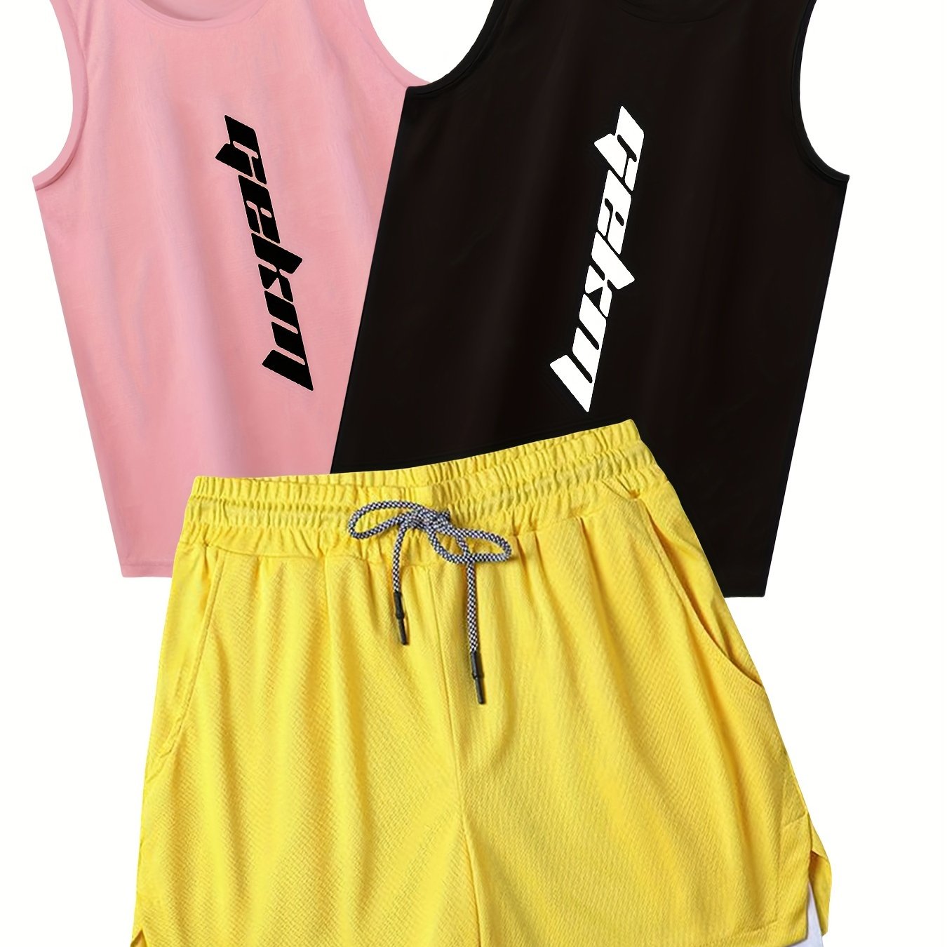 Men's Summer Fashion 3-pack of Sportswear, includes tank tops and drawstring shorts for casual, basketball, and fitness wear.