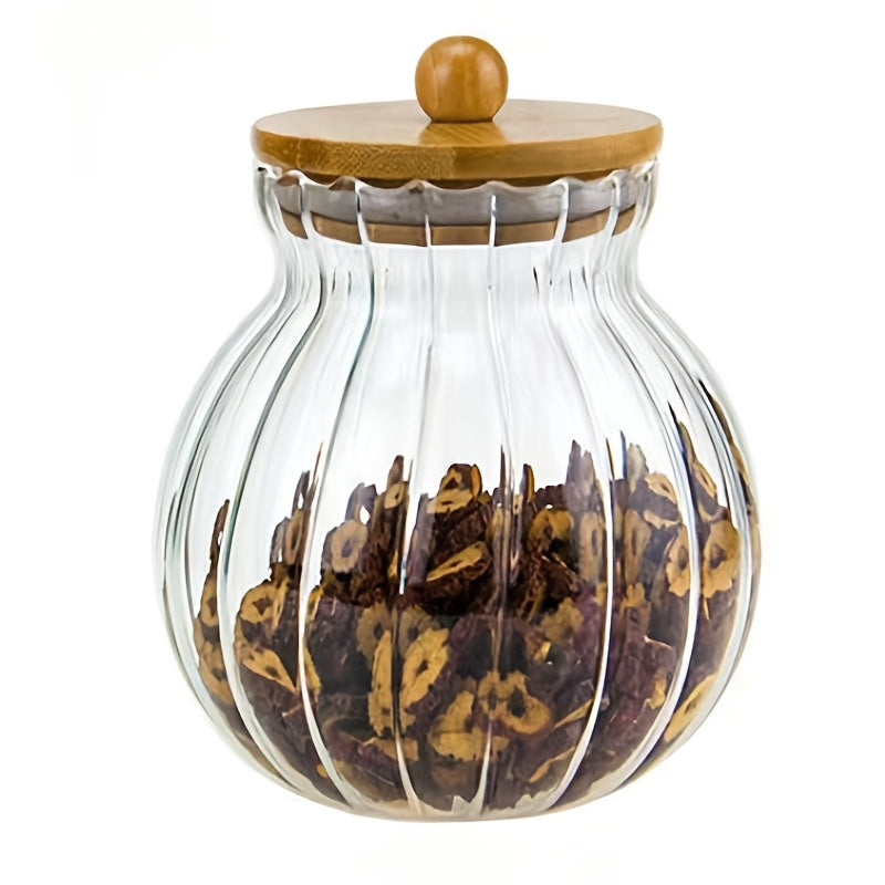 Glass storage jar with bamboo lid featuring stripes - perfect for storing tea, snacks, seasonings, and candy in the kitchen or dining room. Can be used multiple times.