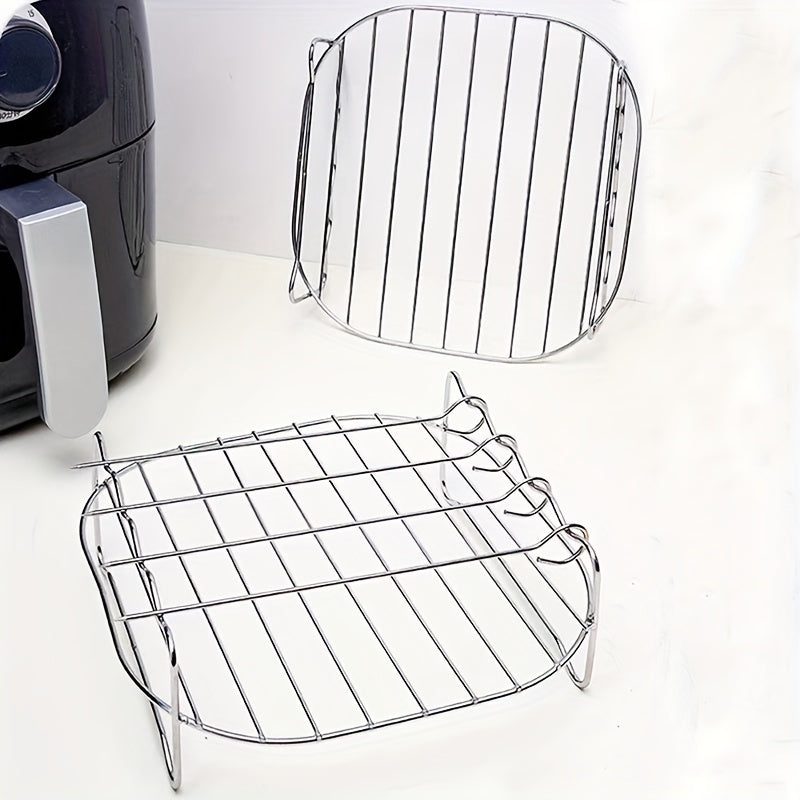 Air Fryer Rack Set: Includes 1 piece of Nonstick Stainless Steel Dehydrator Rack with 4 Skewers, measuring 19.0cm X 19.0cm X 6.99cm. This Square Air Fryer Baking Rack is a must-have for your kitchen, serving as both a baking tool and a kitchen gadget.