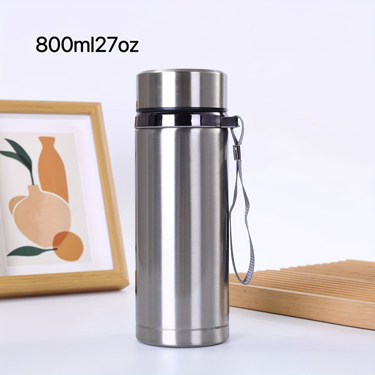 Men's large stainless steel portable travel mug with tea strainer, available for wholesale.