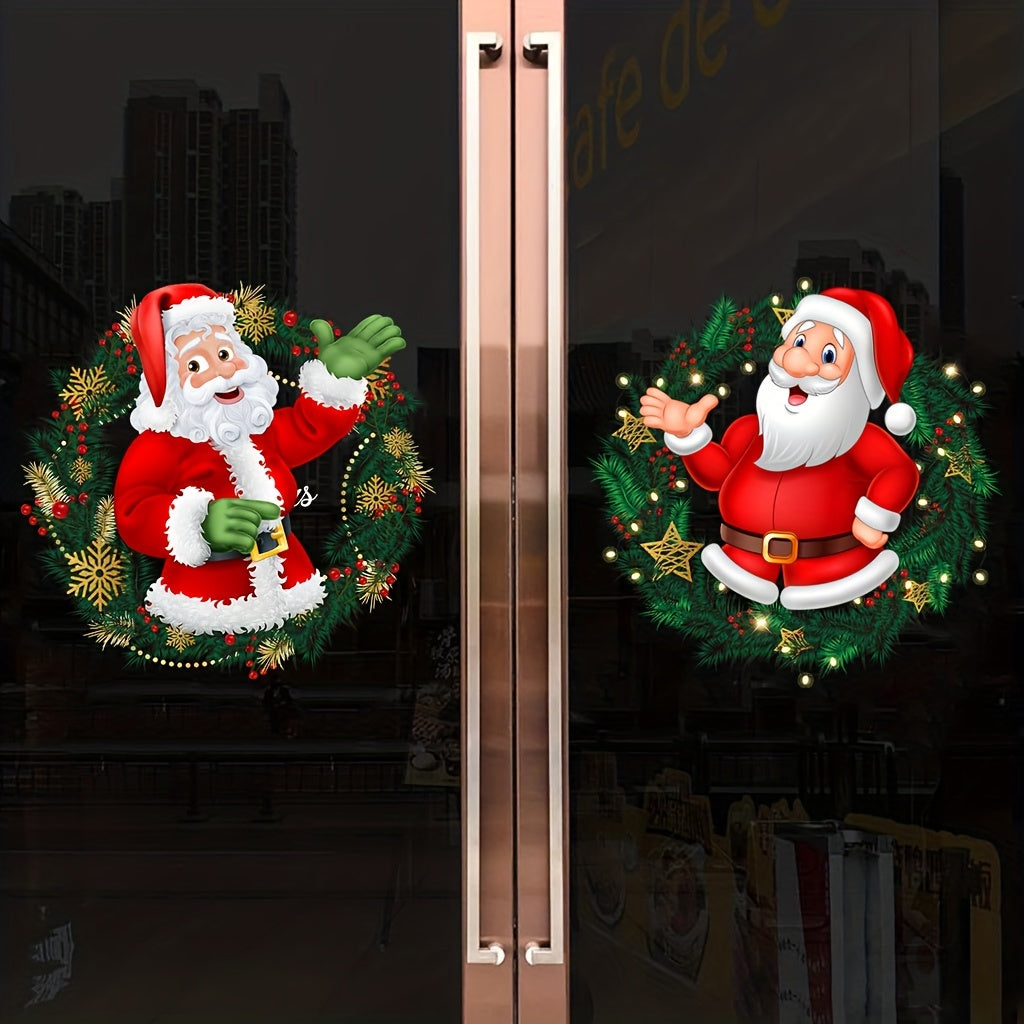 Two pieces of Christmas glass window stickers featuring Santa Claus patterns. These window clings are perfect for decorating bedrooms, living rooms, homes, shopping malls, and can be easily removed.