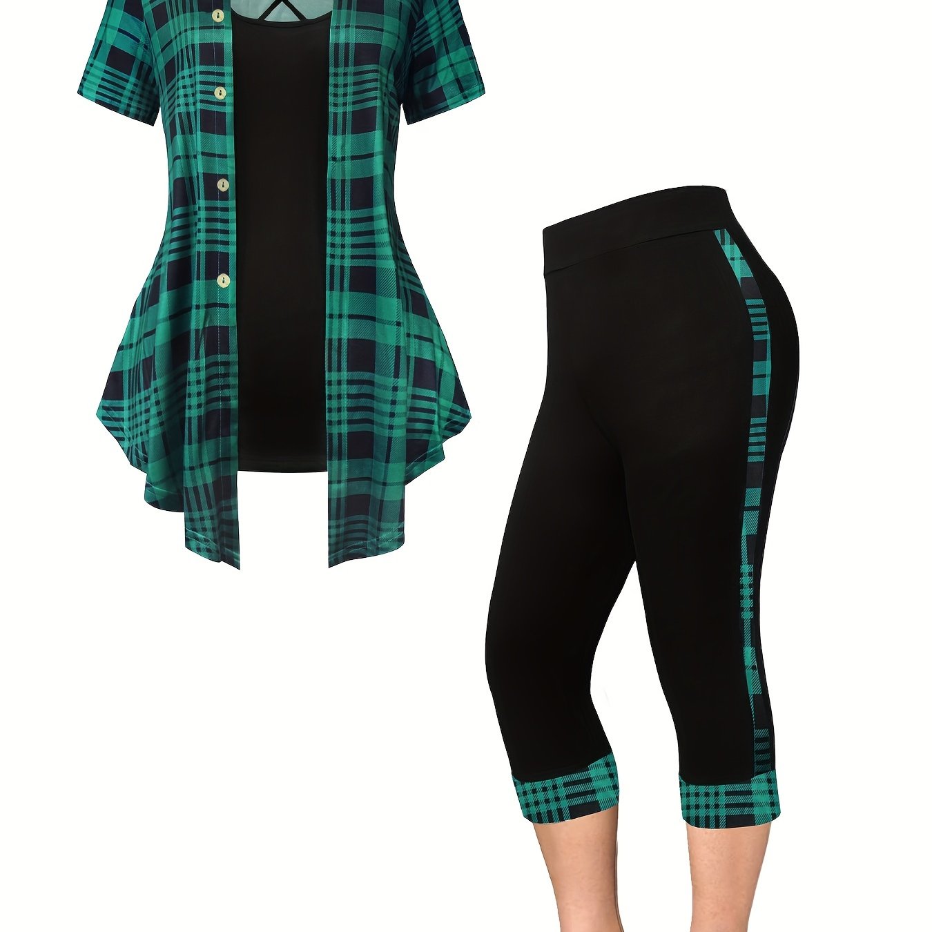 V Neck Short Sleeve Top & Capris Pants Set in Plus Size Plaid Print for Women