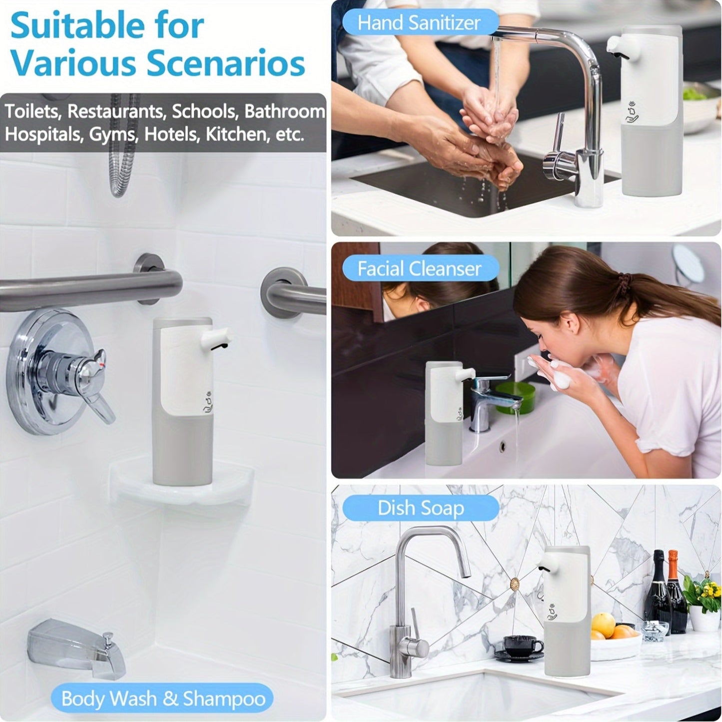 Touch-free soap dispenser with a 450ml capacity and 3-mode infrared sensor. This USB-C rechargeable dispenser is suitable for use in the bathroom, kitchen, or with hand sanitizer and dish soap. Made from plastic material and not intended for use with