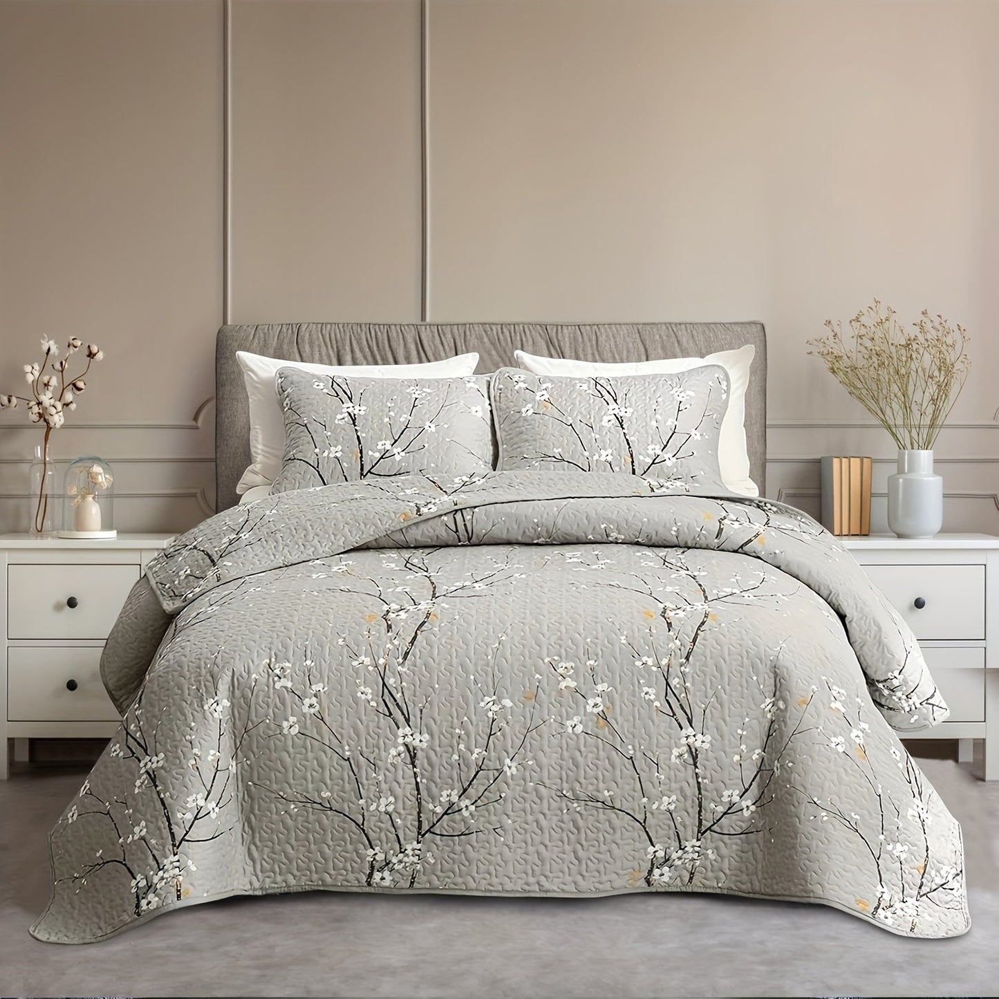 Elegant Plum Blossom Quilt Set includes 3 pieces (1 Quilt + 2 Pillowcases, Core not included). Made with skin-friendly, soft and breathable materials, this bedding is warm and comfortable for all seasons. Perfect for hotel or bedroom use.