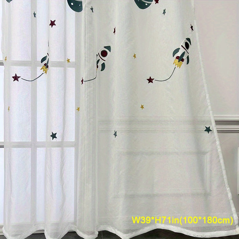 Нavy blue faux linen curtain with cartoon embroidery, paired with a white outer space cartoon tulle sheer curtain for bedroom window treatment.