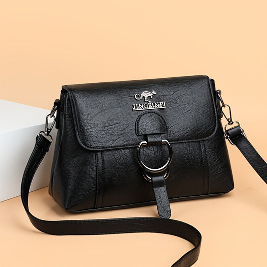 Chic retro synthetic leather women's crossbody bag with metal logo, multiple pockets, anti-theft zipper closure, and detachable strap. Ideal for work, travel, cycling, and shopping.