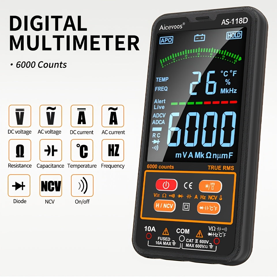 Smart digital multimeter auto-ranges to measure voltage, current, capacitance, resistance, continuity, duty-cycle, temperature, and frequency.