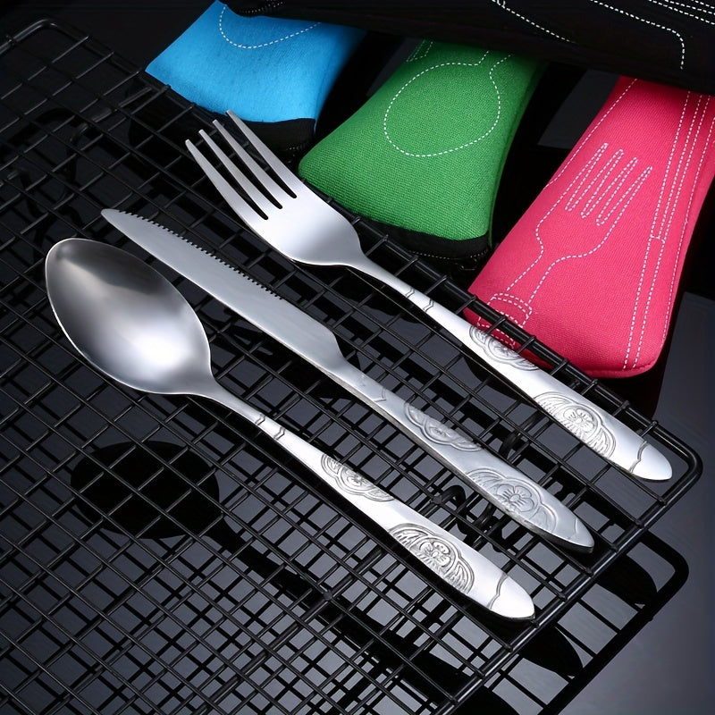 3-piece stainless steel camping cutlery set with portable bag