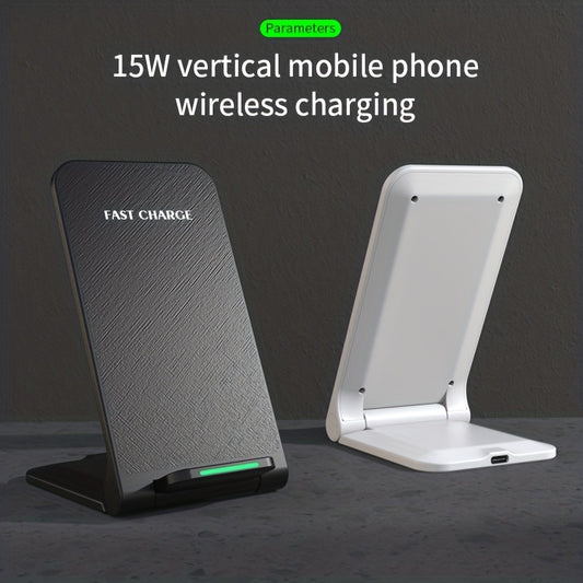 Features include 15W fast charging for iPhones and Samsung Galaxy devices, dual coil wireless charging stand with USB Type-C connector, compatible with various models, and charging