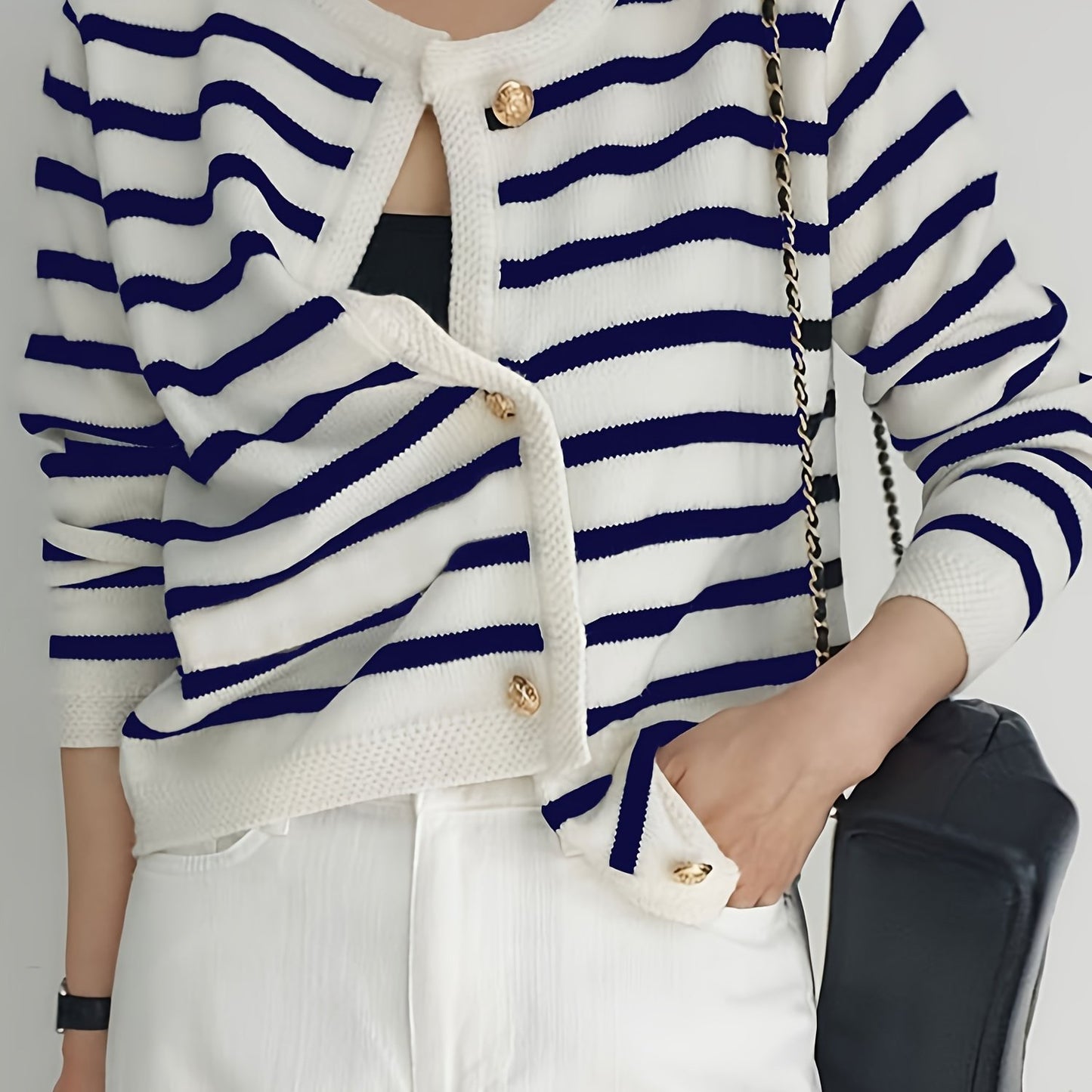 Stylish Striped Knit Cardigan for Women, ideal for Fall layering with button front and long sleeves. Made from high-stretch fabric.