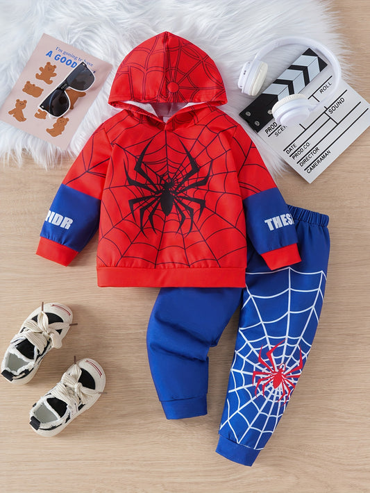 Boy's Spider Print Hooded Sweatshirt and Pants Set - Casual Polyester, Suitable for Daily and Outdoor Wear in Spring, Summer, and Fall.