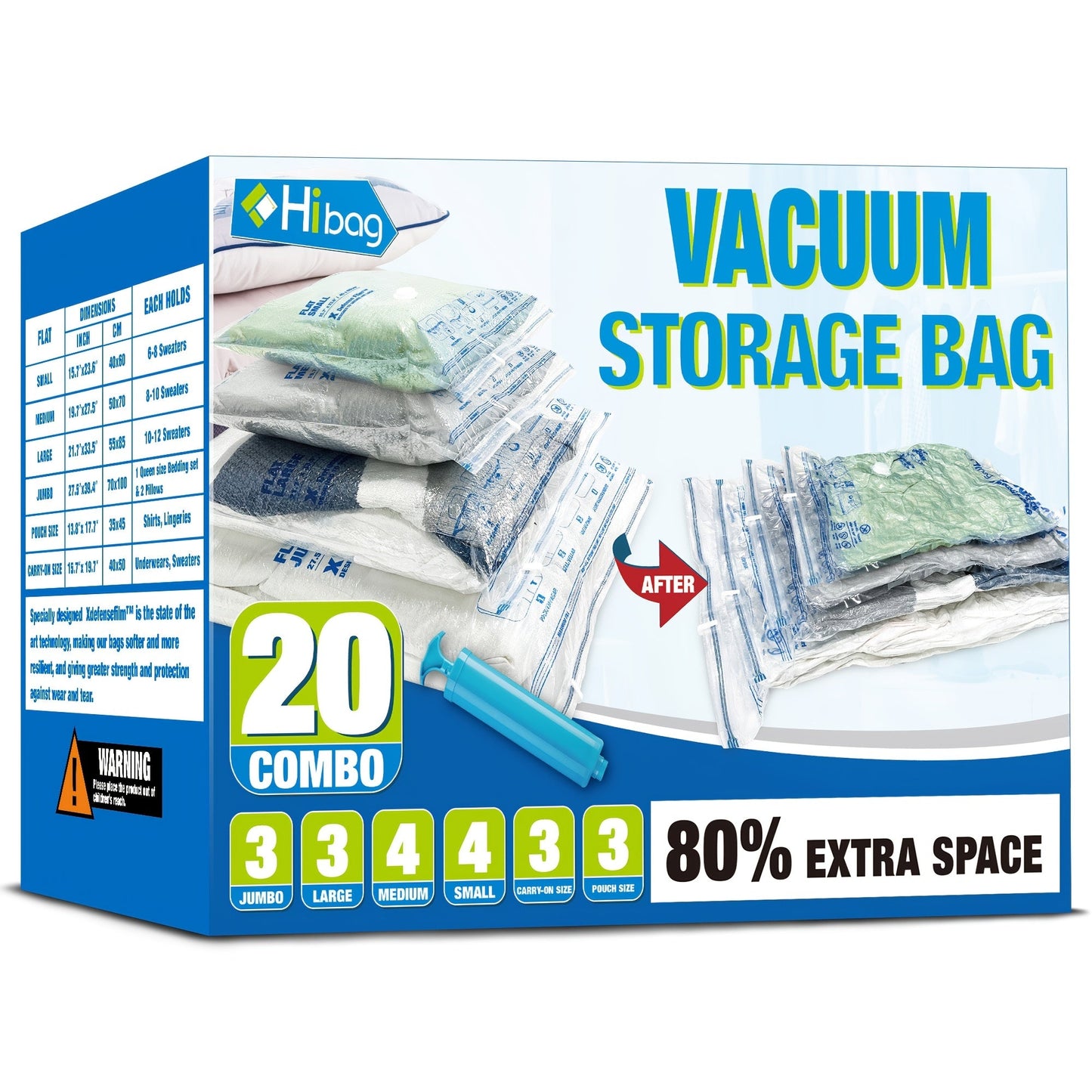 Vacuum Compression Storage Bags with Pump for Clothes, Sweaters, Blankets, Quilts - Space-Saving Organization Solution for Home, Travel, Dormitories, and College - Must-Have Travel and Storage Accessories