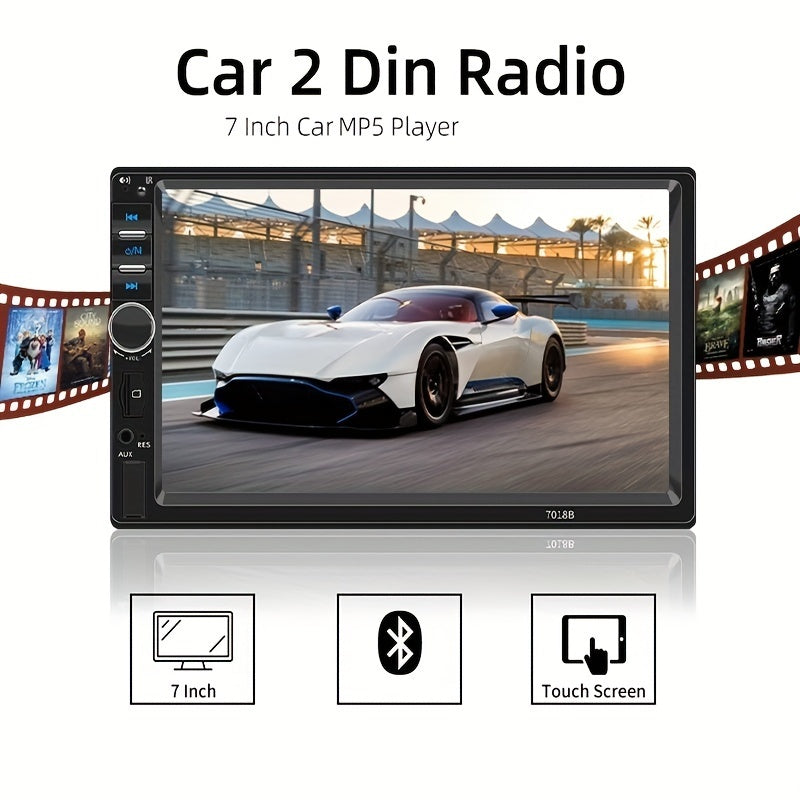 Car MP5 radio with CarPlay and AndroidAuto support, 7-inch HD touch screen, MirrorLink connection for phone mirroring, GPS navigation, wireless multimedia player, optional reverse camera