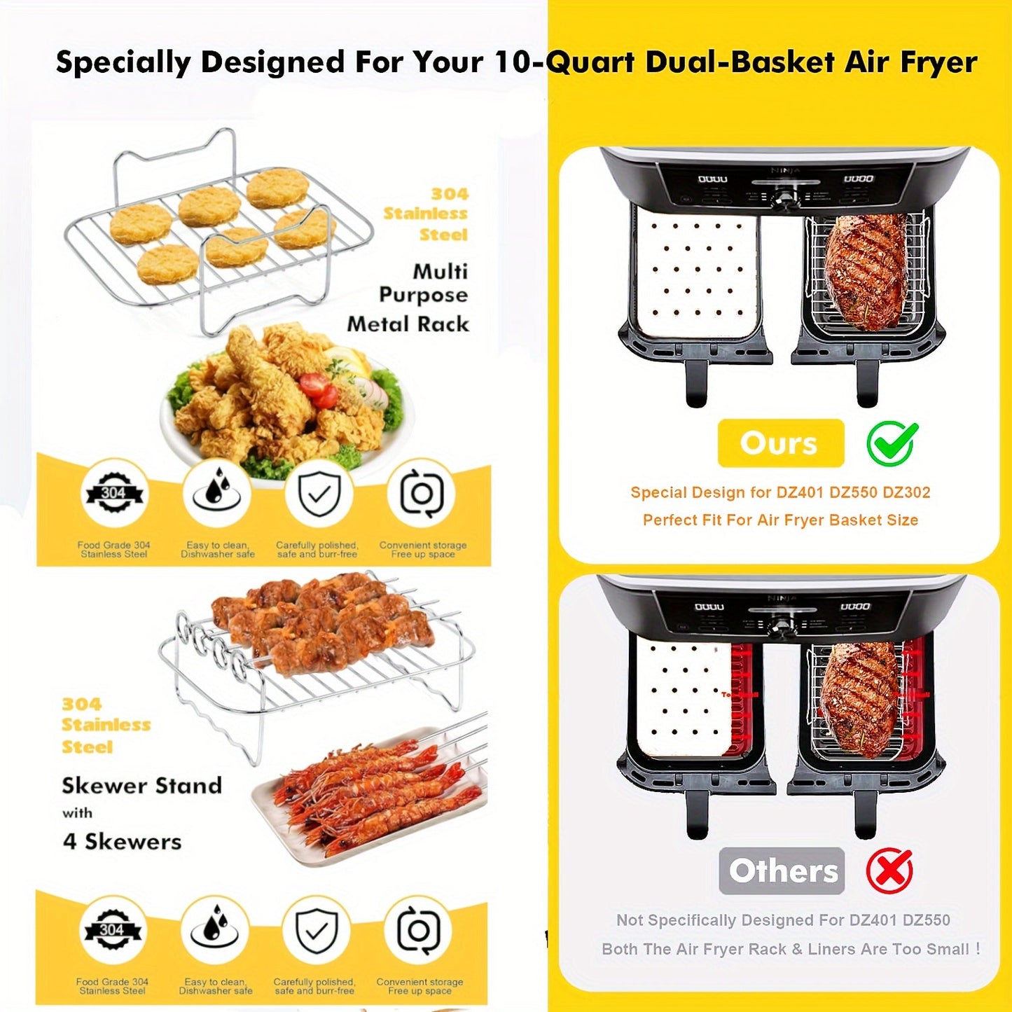 Get your hands on the 5-piece Dual Basket Air Fryer Accessories Set, perfect for use with Ninja Foodi DZ401, DZ550, DZ302, and other 10 Quart 2-Basket DualZone Air Fryers. This set includes an Air Fryer Rack Set, 100 Paper Liners, Silicone Anti-scalding