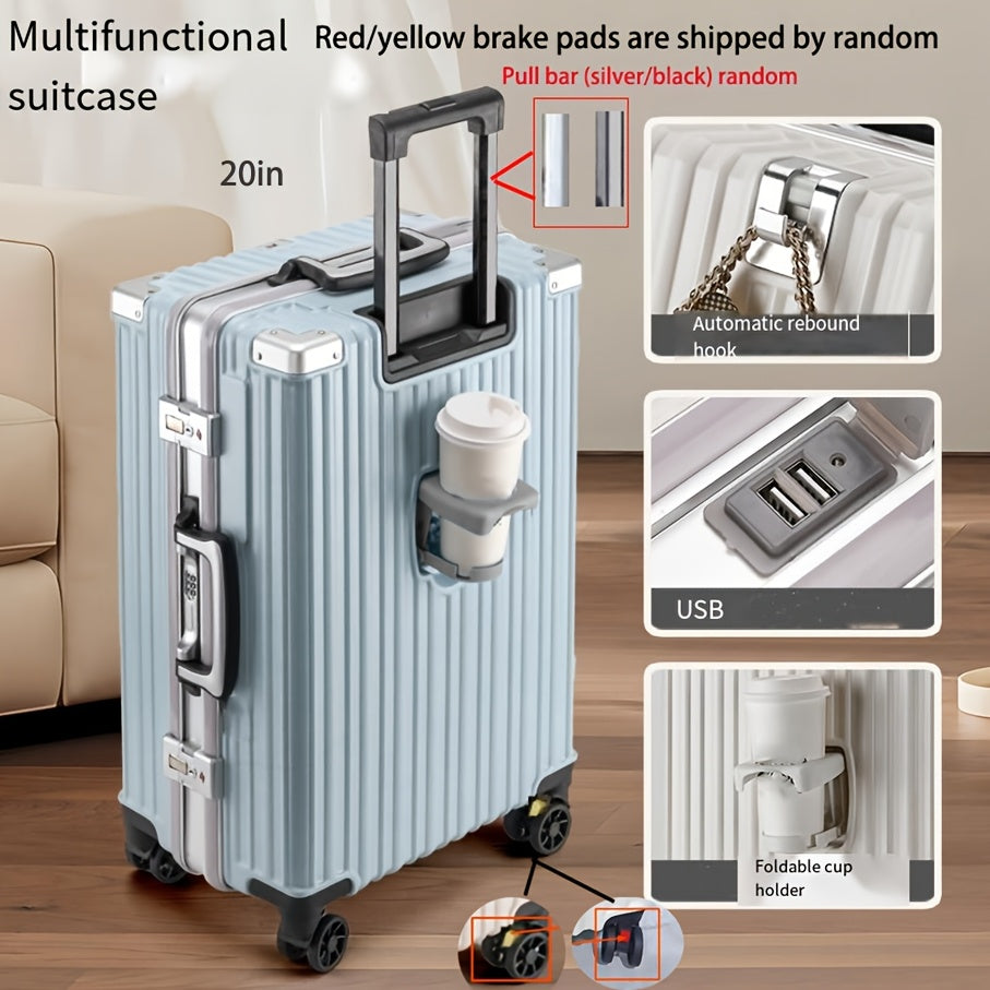 20/24-inch aluminum frame spinner luggage with cup holder and USB port, zipperless extra-large captain suitcase.