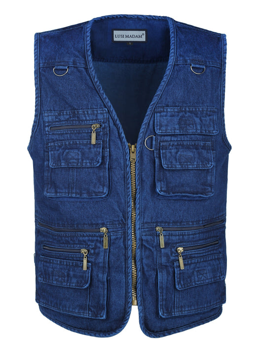 Men's plus size zipper vest in denim blue, perfect for outdoor activities.