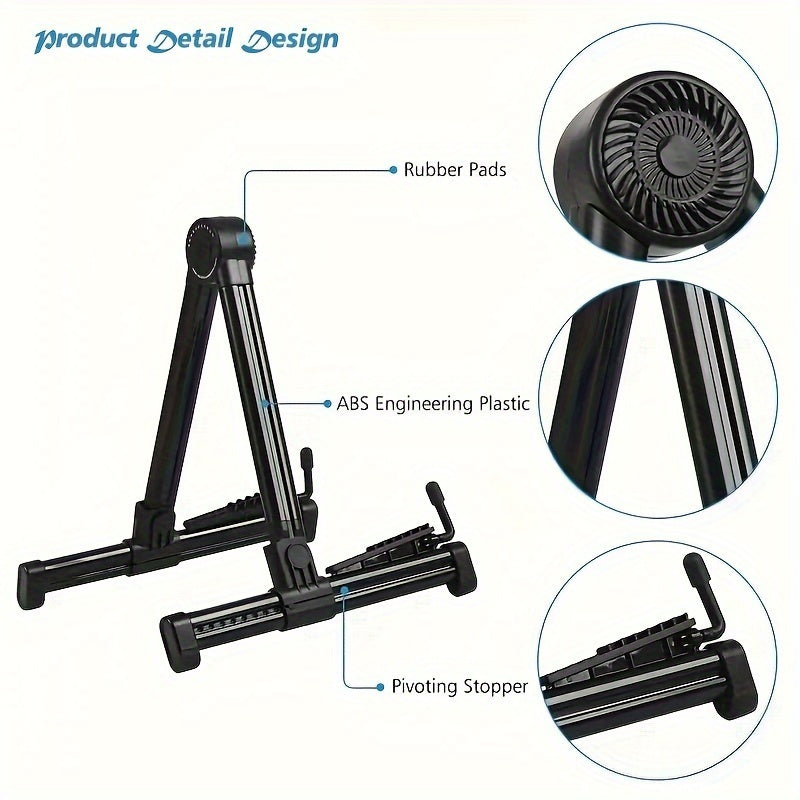 Adjustable, foldable A-frame guitar stand perfect for multiple instruments, easy to carry and install.