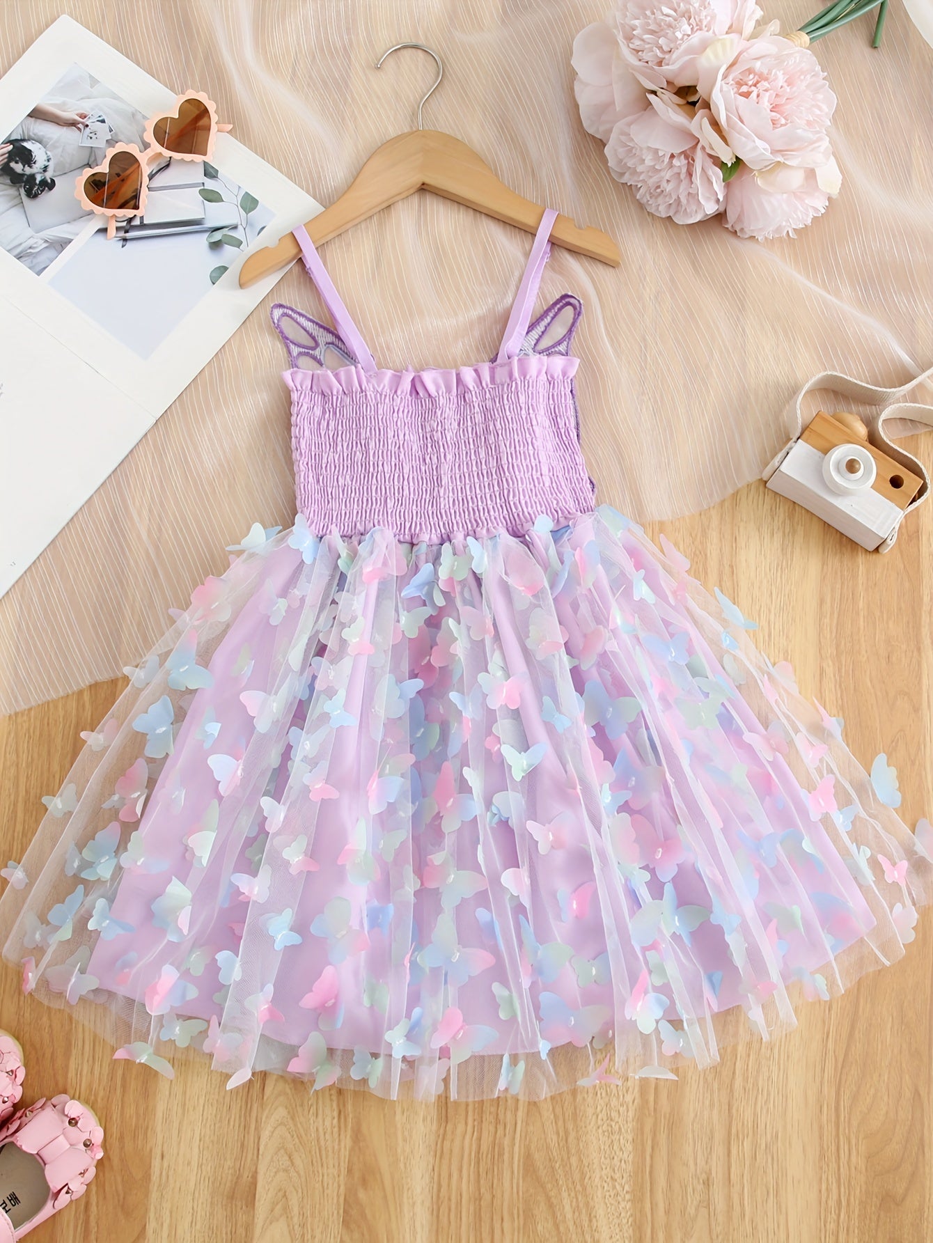 Rainbow Butterfly Princess Dress: Sleeveless mesh tutu with bow detail, ideal for parties & birthdays.