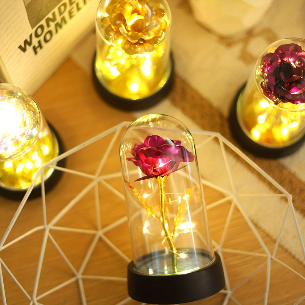 LED flower night light with gold foil rose design, tabletop lamp with switch control, battery-powered for bedroom decor. Includes 1 non-rechargeable button battery.