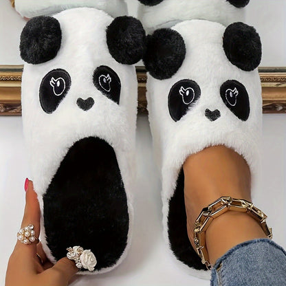 Cozy Panda Cartoon Plush Slippers for Men and Women - Black & White Design with Fluffy Ball Detail, TPR Sole, Hand Washable - Perfect Winter Comfort, Cute Style.