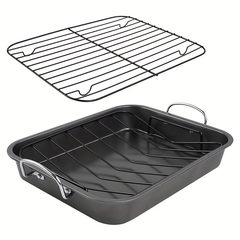 Non-stick baking pan with rack, 40cm rectangular grill perfect for turkey, roasted chicken, and ham. Includes 1 baking pan and 2 grills.