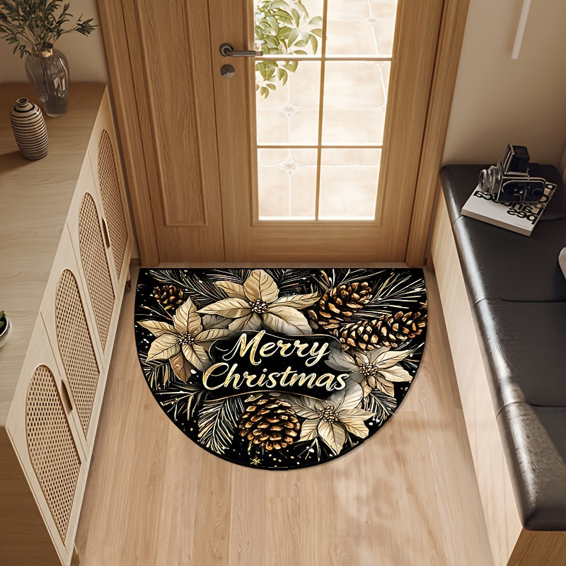 Get into the holiday spirit with our Christmas Cheer Semi-Circle Doormat featuring a festive Golden Pinecone & Jewelry Design. This non-slip, machine washable polyester rug is perfect for your living room, bedroom, game room, or cafe entrance. Add a