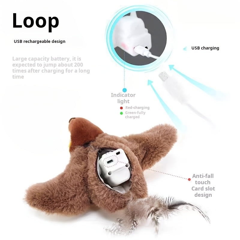 Interactive electric cat toy that simulates bird sounds and movements to provide both physical and mental stimulation for your cat. The tail is made of artificial feather-polyester material.