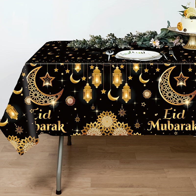 1 dona Eid Mubarak stol qoplamasi qora oltin oy yulduz chiroq dizayni bilan, plastik PE dan tayyorlangan, o'lchami 130x220 sm. Ramazon, Eid Al-Fitr, Islom musulmon partiyasi bezaklari va Eid Al Adha uchun mukammal.