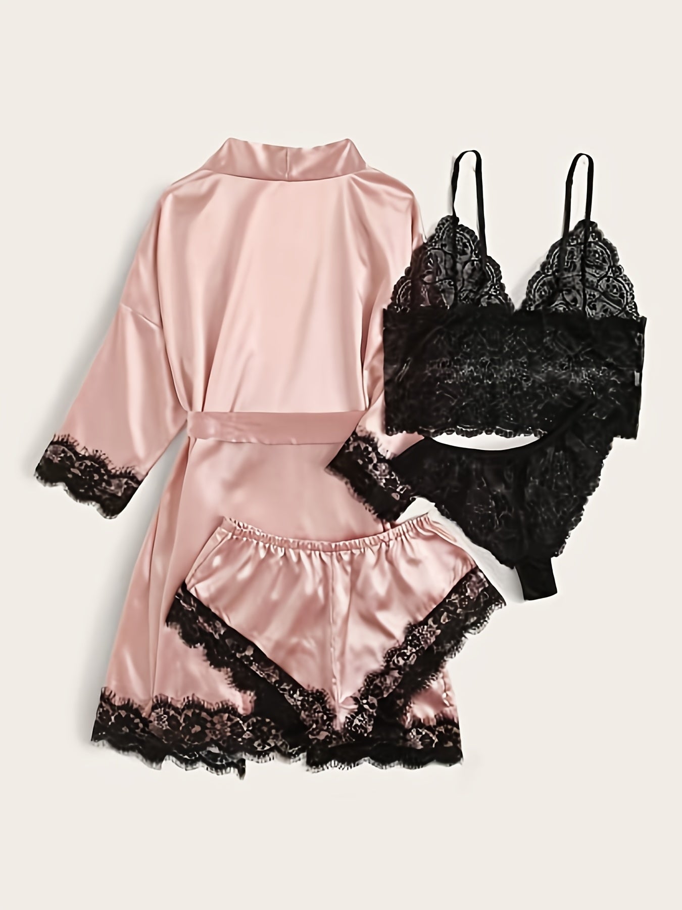 Lace-trimmed Sleepwear Set with Glossy Pajamas in 4 pieces