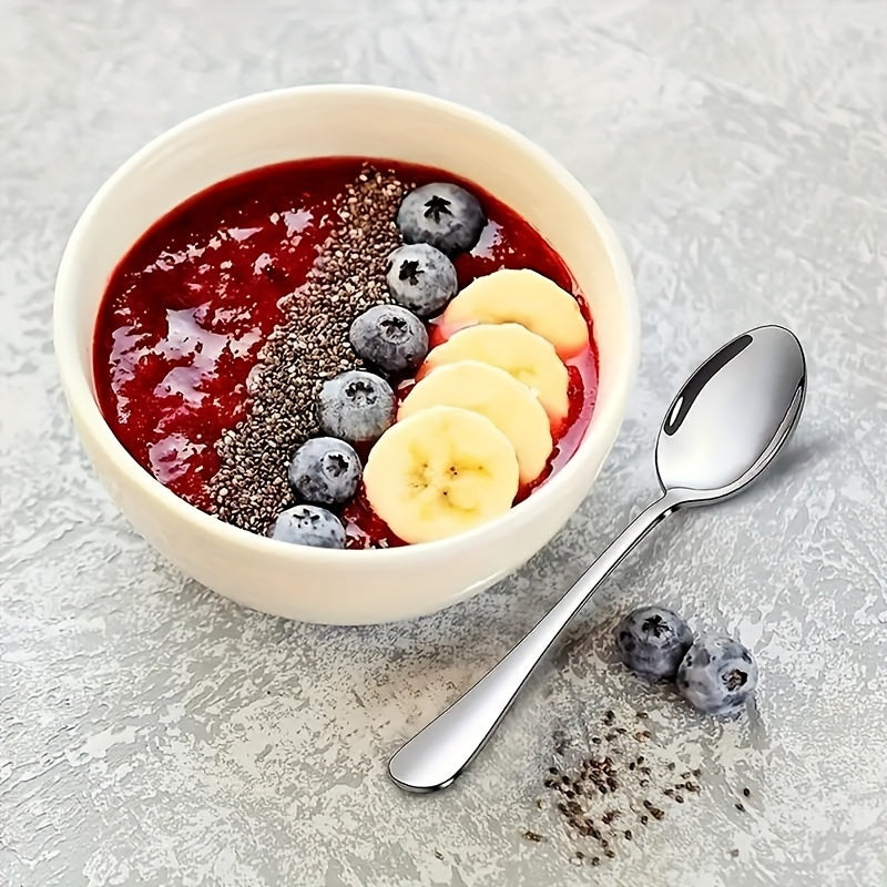 Set of 6 stainless steel spoons: tea, dessert, coffee, and stirring. Dishwasher safe for restaurant use.