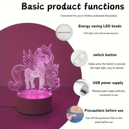 3D Pegasus Unicorn Night Light - USB Powered Desk Lamp with Switch for any Room, Great for Christmas, Weddings, Birthdays - Unique Gift Idea