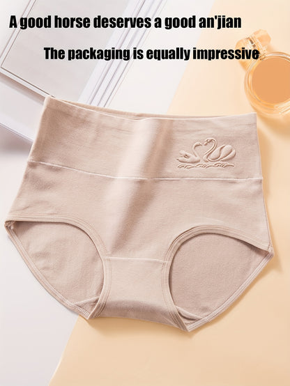 Set of 4 Women's High-Waisted Briefs in Lavender, Beige, and Pink. Comfortable and Slimming with Elastic Waistband and Crotch Detail.