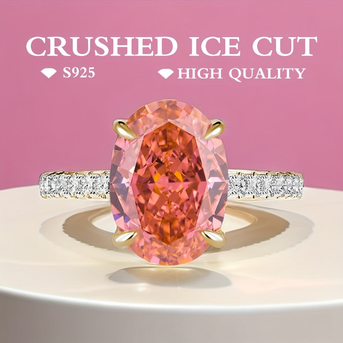 Introducing the MEETMAY S925 Classic Ring in Papalacha Lotus Pink, featuring a high-quality synthetic cubic zirconia ice cut oval measuring 8x10mm. This elegant Western-style ring is versatile for all seasons, perfect for daily wear or special occasions