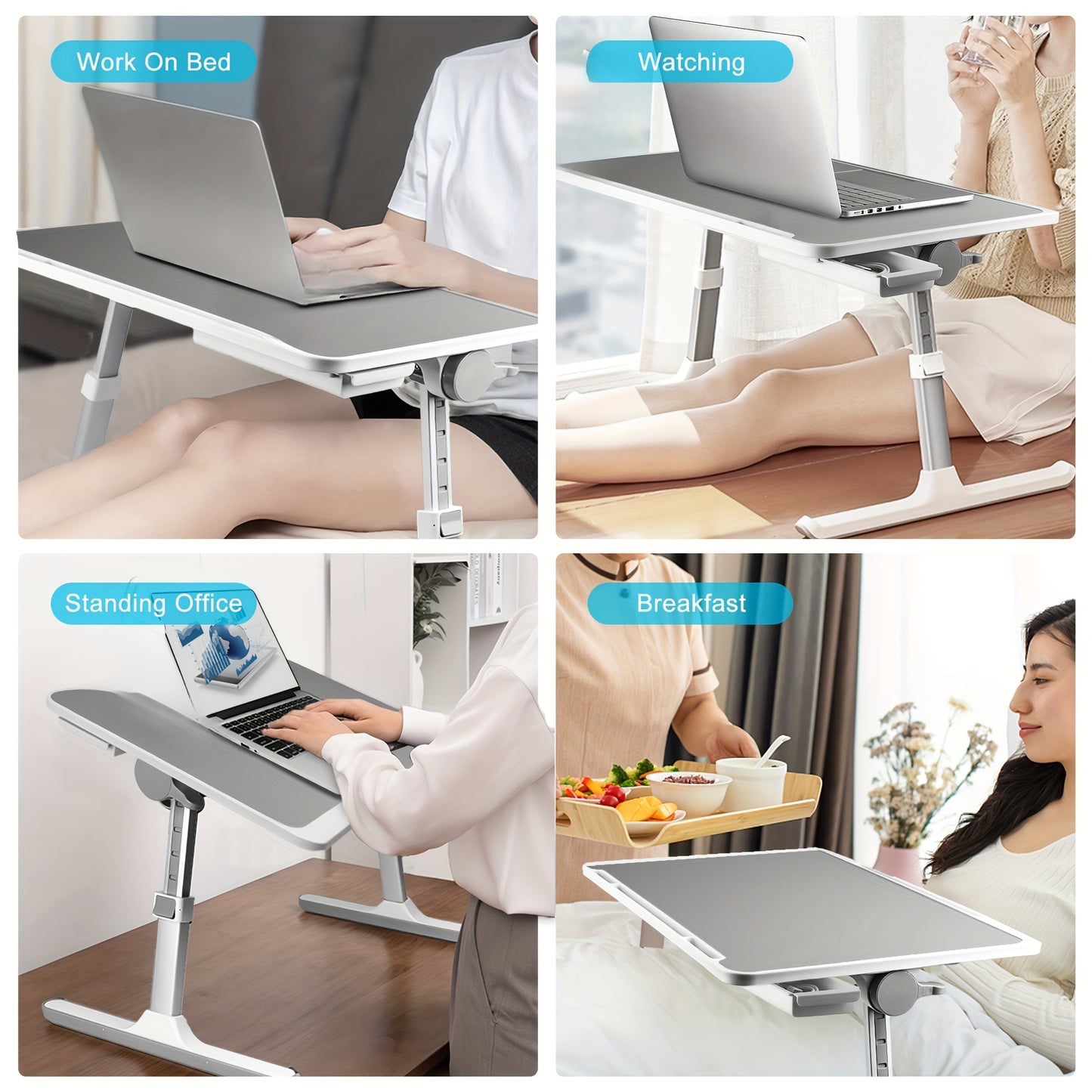 Adjustable folding bed tray with drawers, ideal for laptop use or eating in bed. Can also be used as a portable table for reading or writing. Available in silvery grey.