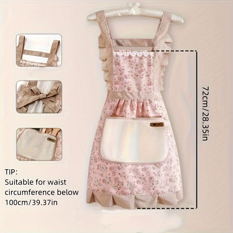 1pc Floral Lace Princess Apron with Hand Wipe Pocket - Ideal for Cleaning in Kitchen, Living Room, Bathroom