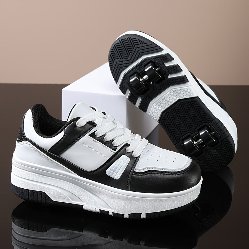 Boys' roller skate shoes with non-slip dual wheel, lace-up design and durable buckle straps in black and white, for all seasons.