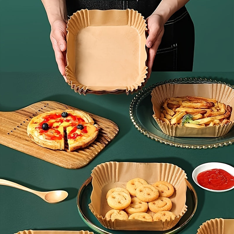 100 square parchment liners designed specifically for air fryers that measure 22.86 cm, ideal for 5 to 8 quart air fryers. These liners feature a non-stick and waterproof design.