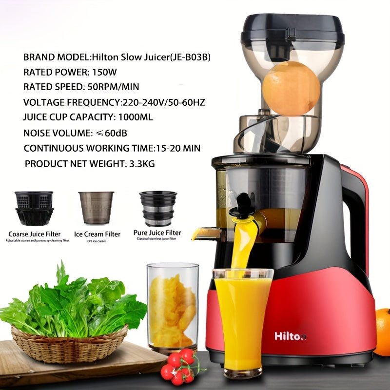 1pc Hilton Slow Juicer with non-slip base, detachable parts, and 1L capacity for fruits and vegetables.