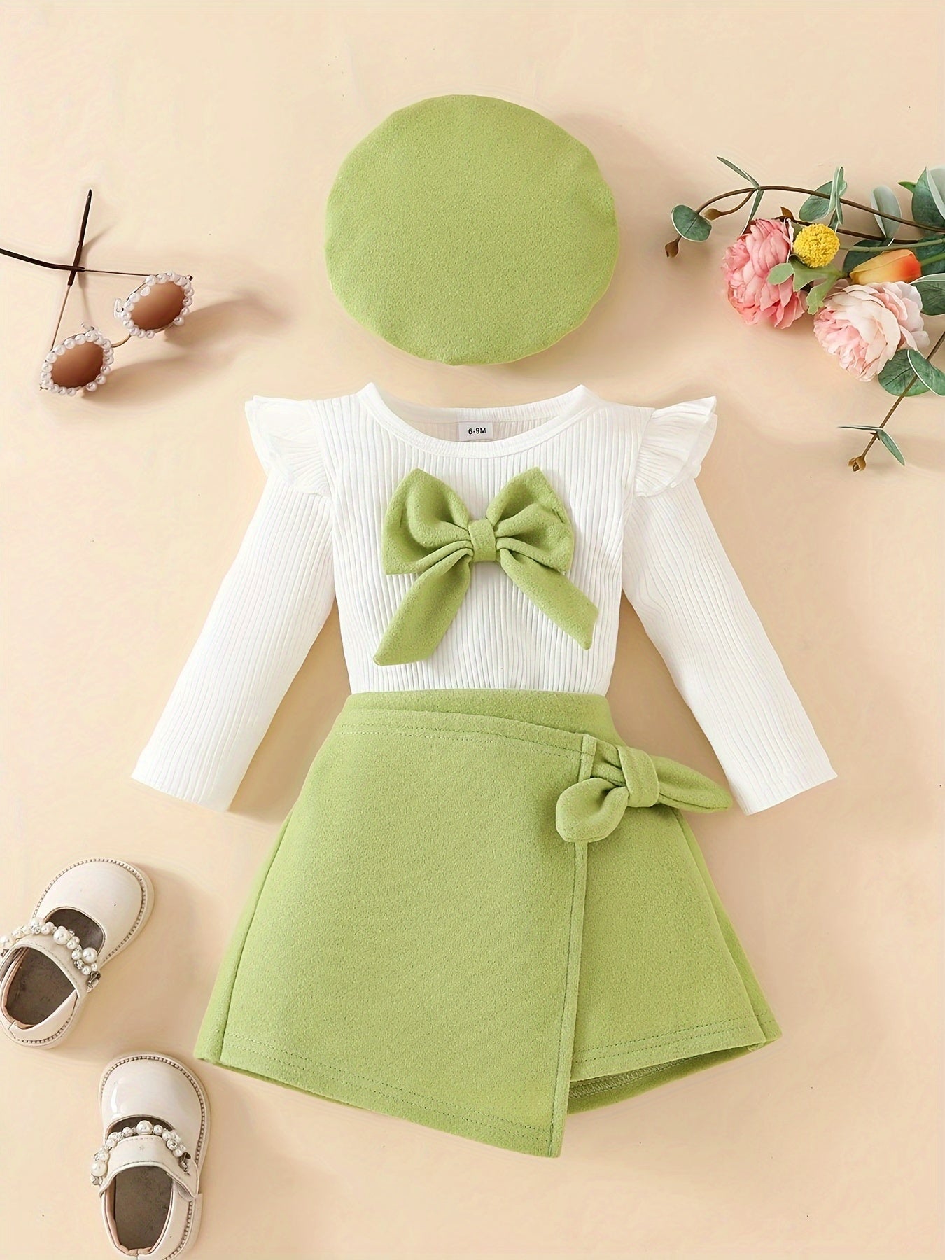 Adorable bowknot top, beret, and skirt set for toddler and infant girls, perfect for winter and fall.