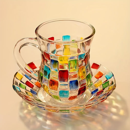 Hand-painted color grid coffee cup and saucer set with European style, perfect for home use.